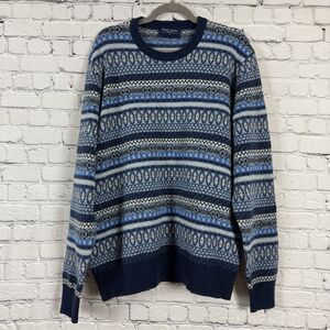 Joseph Turner Yorkshire Mens XL Lambswool Crew Pullover Sweater Blue Fair Isle